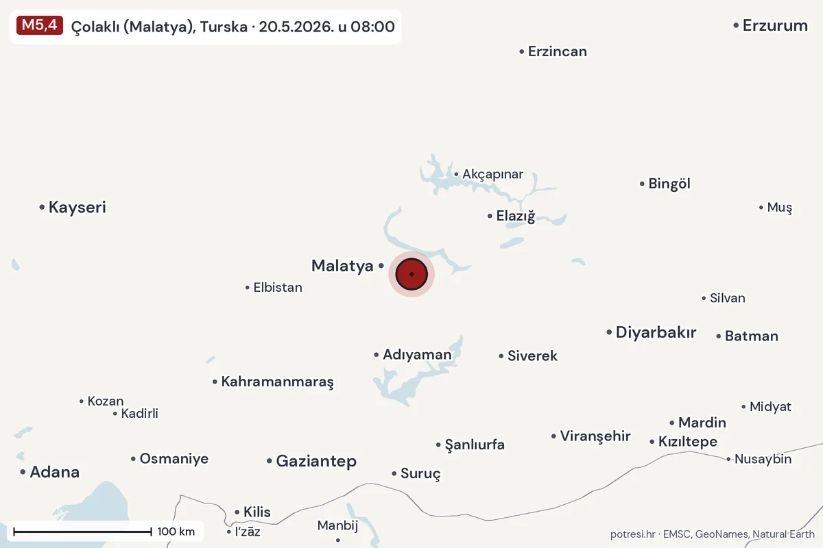 Karta: šire područje, 600 km, potres M5,4, Çolaklı (Malatya), Turska, 20.5.2026.