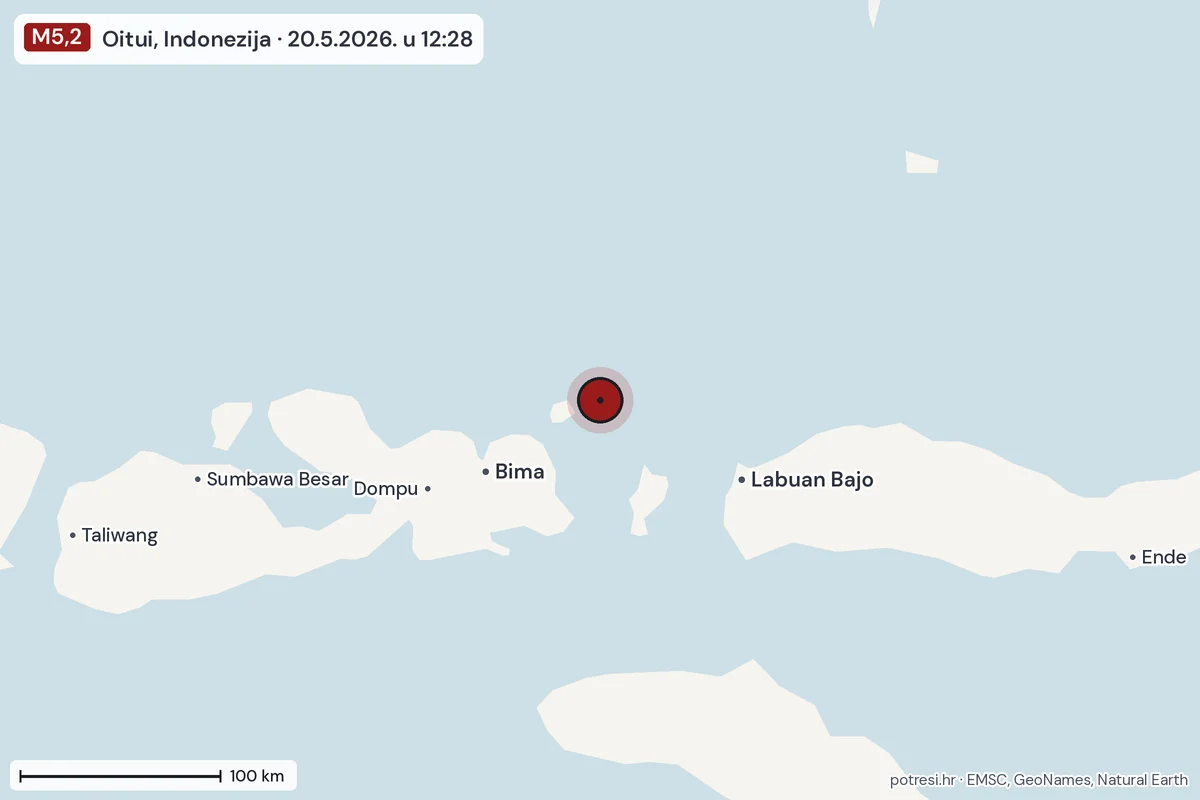 Karta: šire područje, 600 km, potres M5,2, Oitui, Indonezija, 20.5.2026.