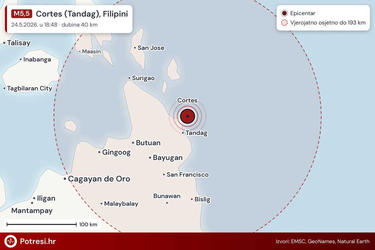 Karta: šire područje i vjerojatni doseg osjeta, potres M5,5, Cortes (Tandag), Filipini, 24.5.2026.