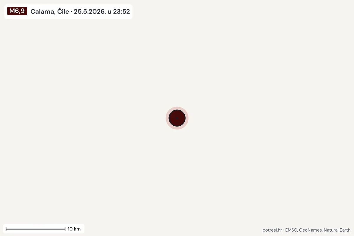 Karta: okolica epicentra, 60 km, potres M6,9, Calama, Čile, 25.5.2026.