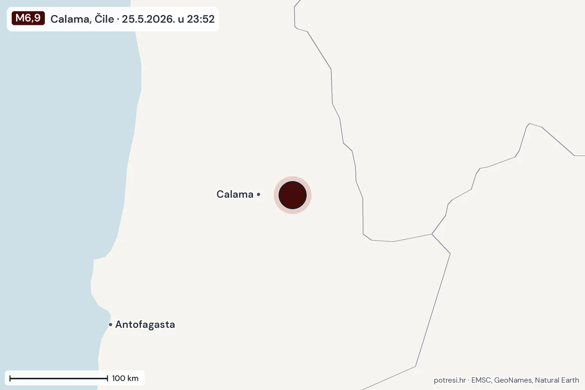 Karta: šire područje, 600 km, potres M6,9, Calama, Čile, 25.5.2026.