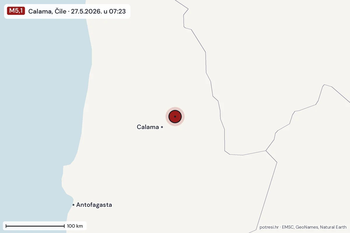 Karta: šire područje, 600 km, potres M5,1, Calama, Čile, 27.5.2026.