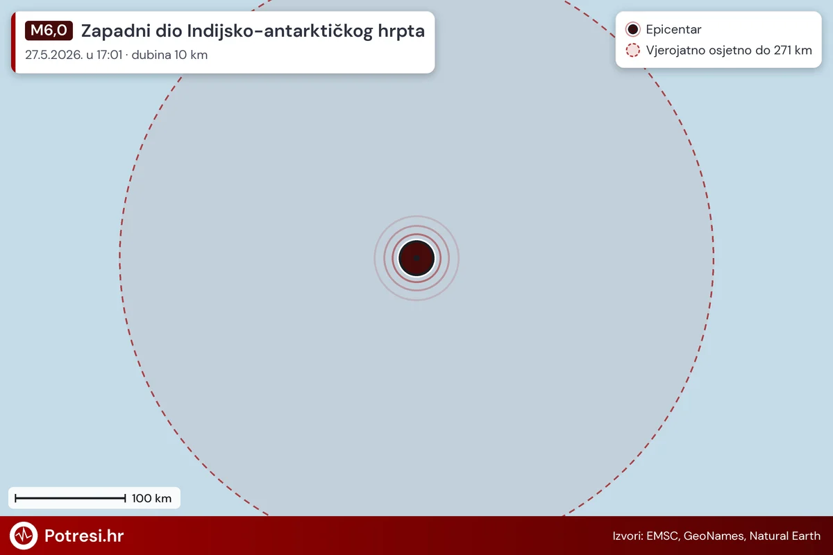 Karta: šire područje i vjerojatni doseg osjeta, potres M6,0, Zapadni dio Indijsko-antarktičkog hrpta, 27.5.2026.