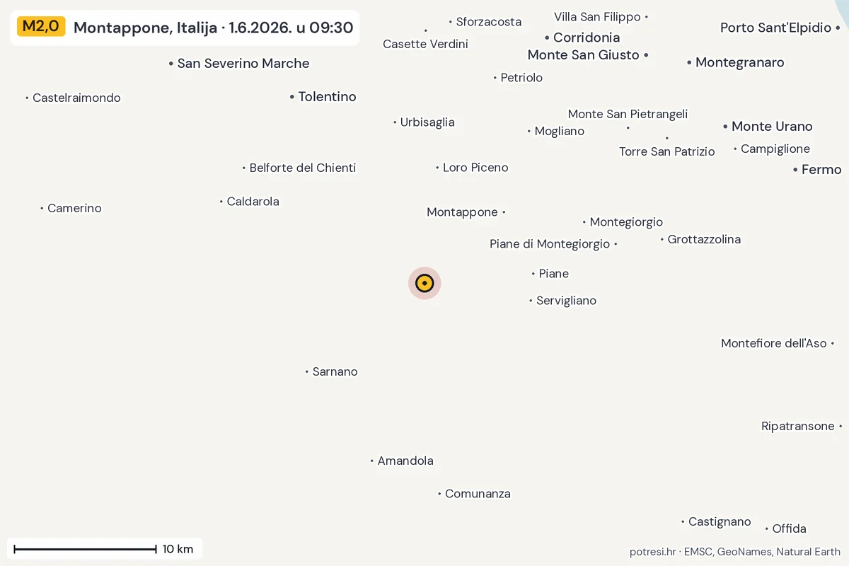 Karta: okolica epicentra, 60 km, potres M2,0, Montappone, Italija, 1.6.2026.