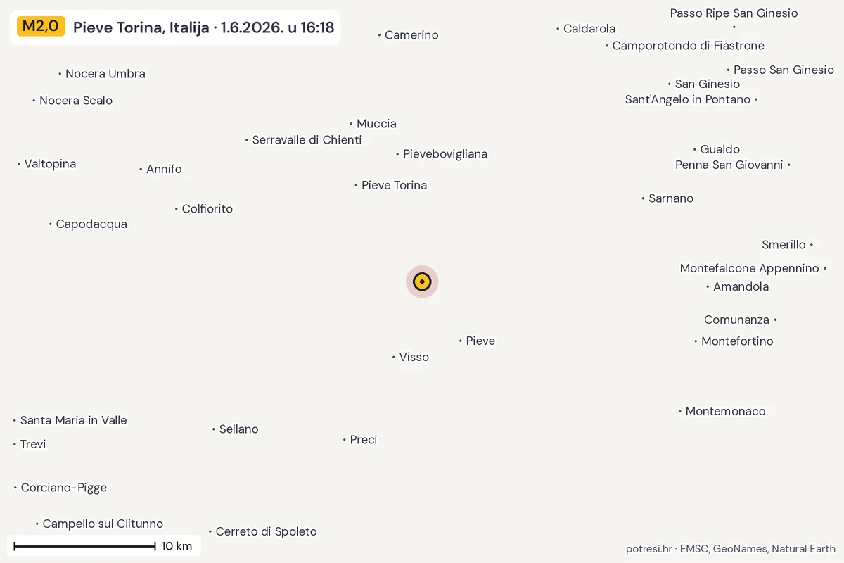 Karta: okolica epicentra, 60 km, potres M2,0, Pieve Torina, Italija, 1.6.2026.