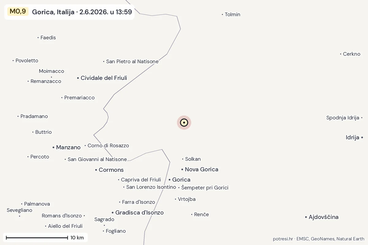 Karta: okolica epicentra, 60 km, potres M0,9, Gorica, Italija, 2.6.2026.