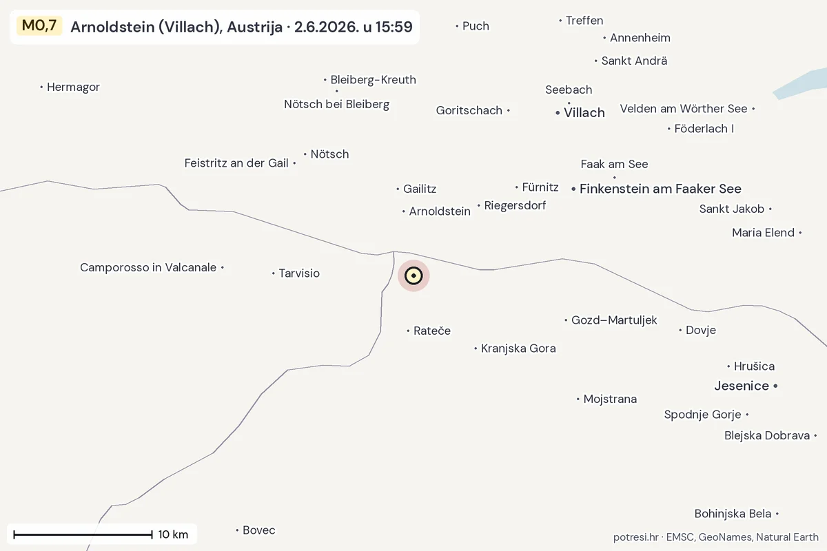 Karta: okolica epicentra, 60 km, potres M0,7, Arnoldstein (Villach), Austrija, 2.6.2026.
