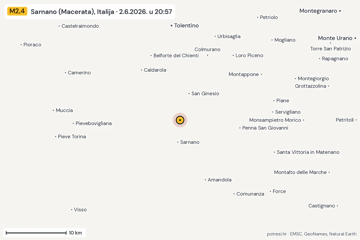 Karta: okolica epicentra, 60 km, potres M2,4, Sarnano (Macerata), Italija, 2.6.2026.