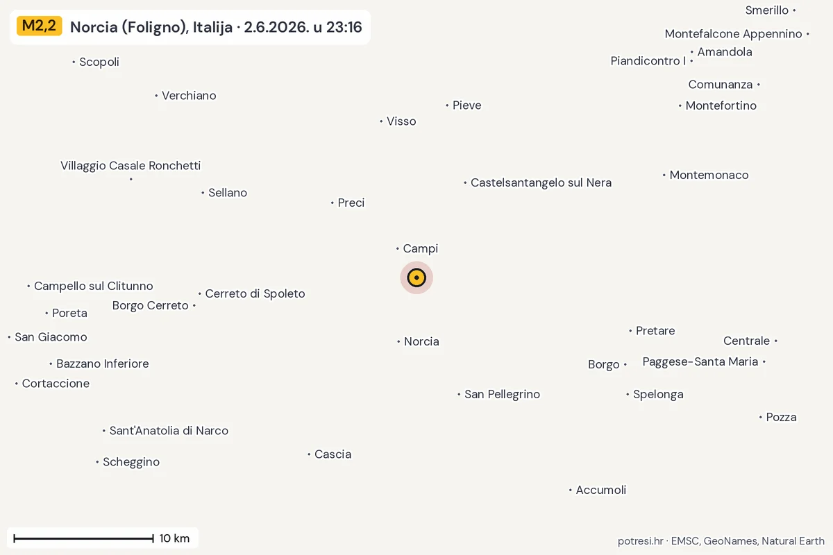 Karta: okolica epicentra, 60 km, potres M2,2, Norcia (Foligno), Italija, 2.6.2026.