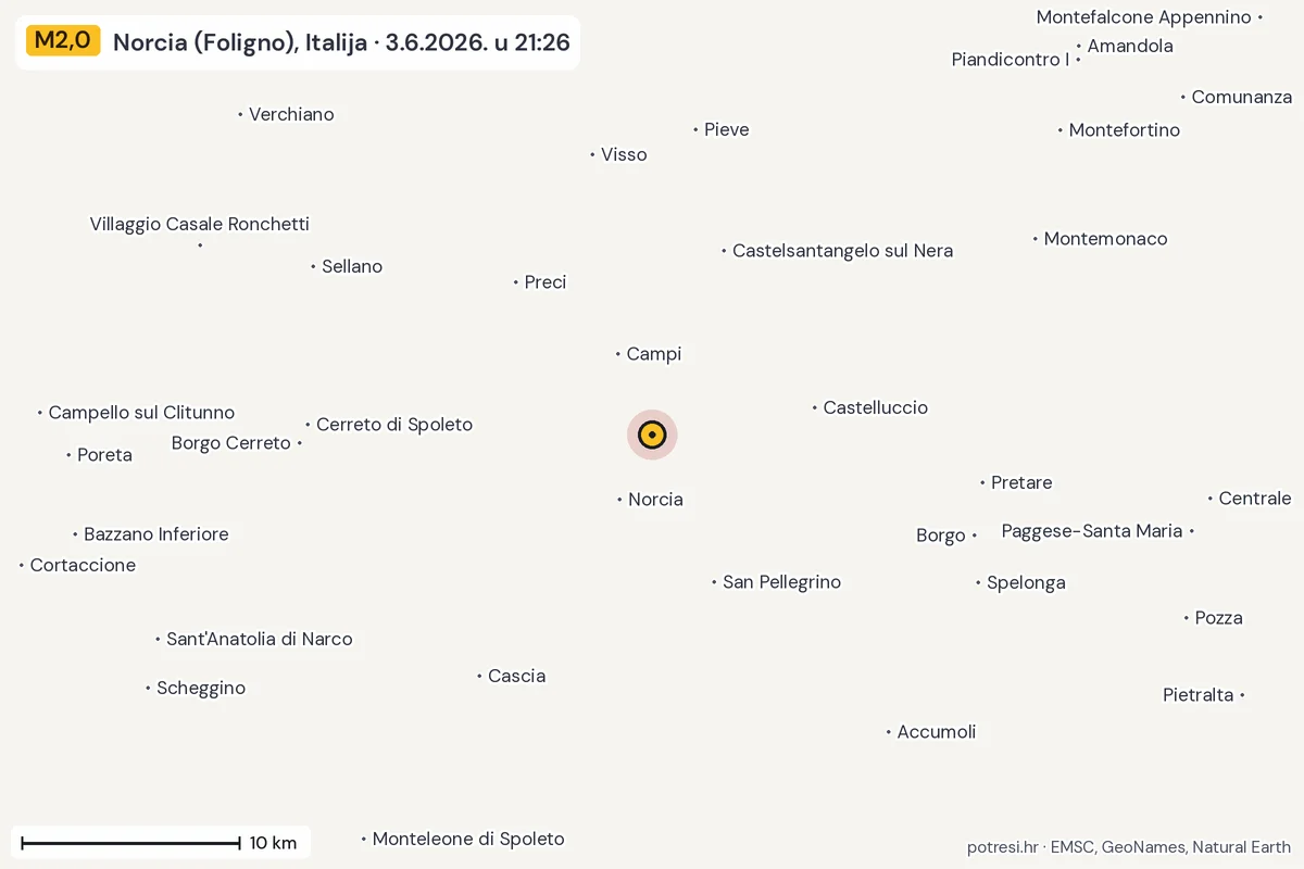 Karta: okolica epicentra, 60 km, potres M2,0, Norcia (Foligno), Italija, 3.6.2026.