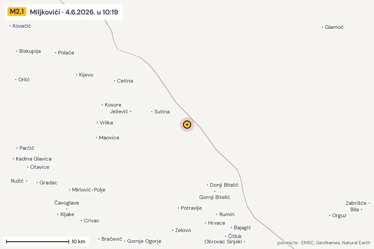 Karta: okolica epicentra, 60 km, potres M2,1, Miljkovići, 4.6.2026.
