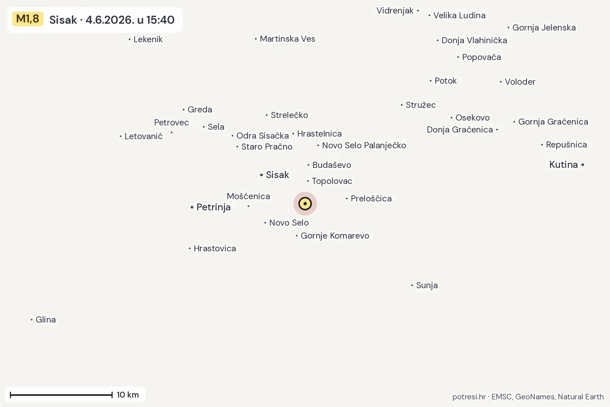 Karta: okolica epicentra, 60 km, potres M1,8, Sisak, 4.6.2026.