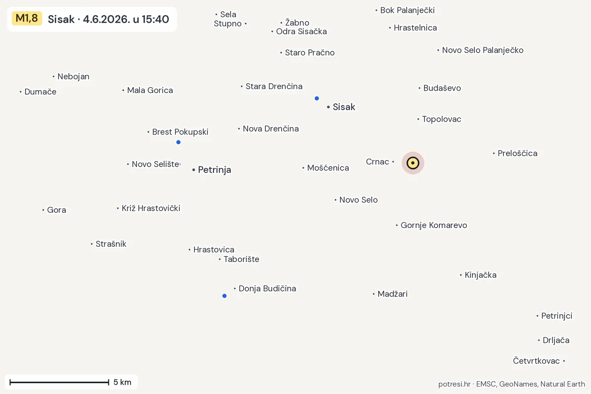 Karta: izvješća građana, potres M1,8, Sisak, 4.6.2026.