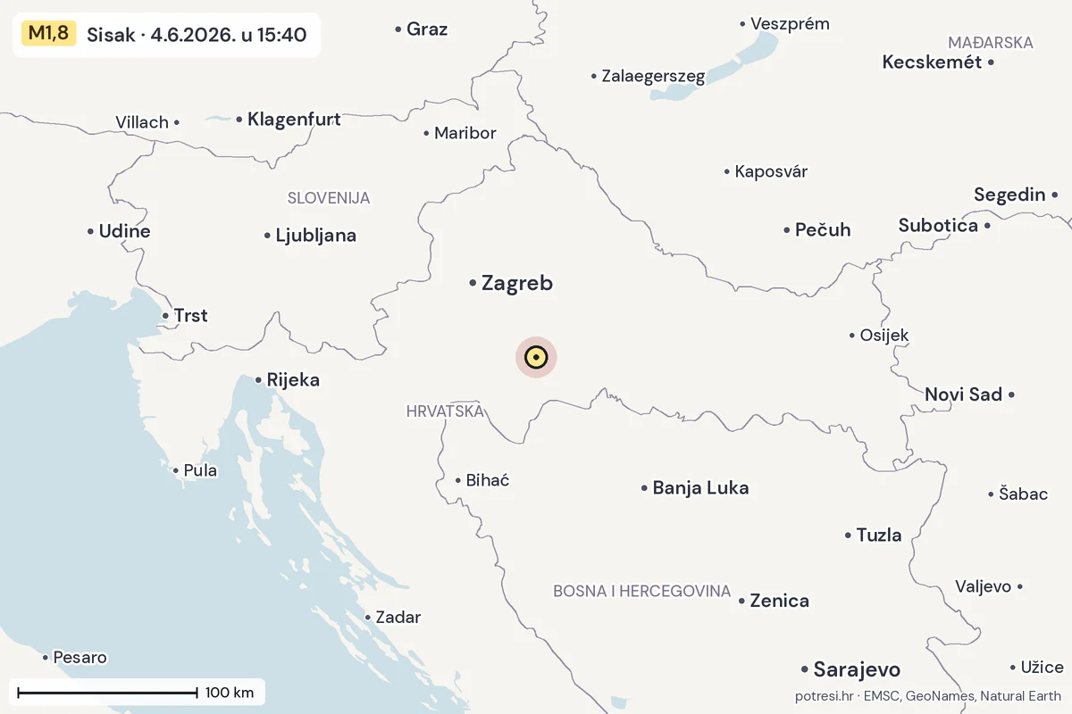 Karta: šire područje, 600 km, potres M1,8, Sisak, 4.6.2026.