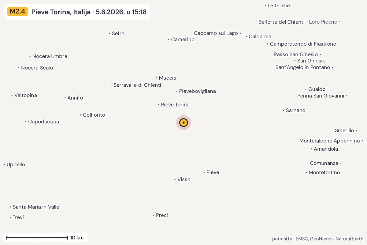 Karta: okolica epicentra, 60 km, potres M2,4, Pieve Torina, Italija, 5.6.2026.