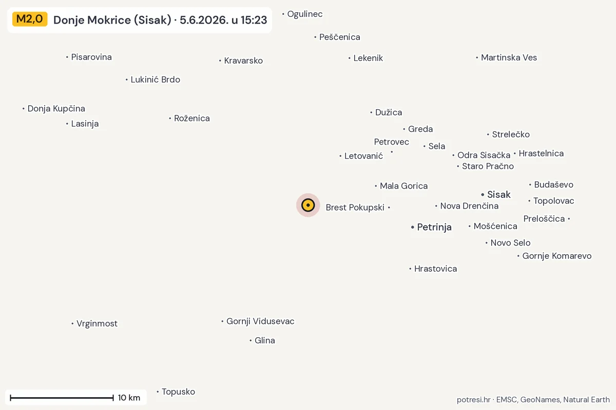 Karta: okolica epicentra, 60 km, potres M2,0, Donje Mokrice (Sisak), 5.6.2026.