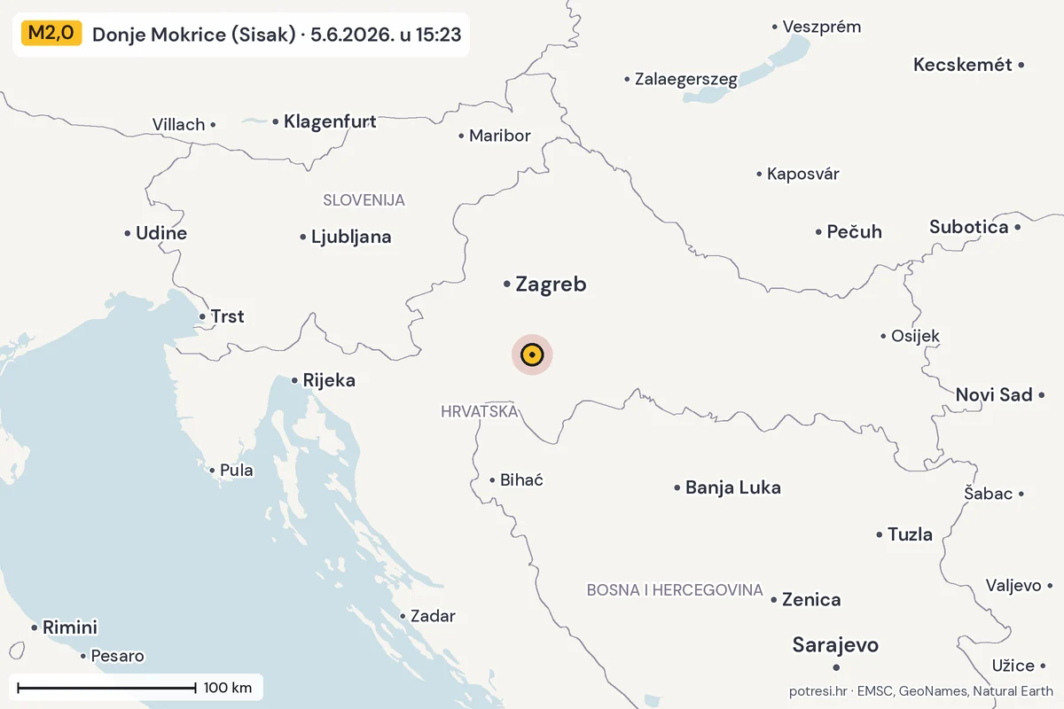 Karta: šire područje, 600 km, potres M2,0, Donje Mokrice (Sisak), 5.6.2026.