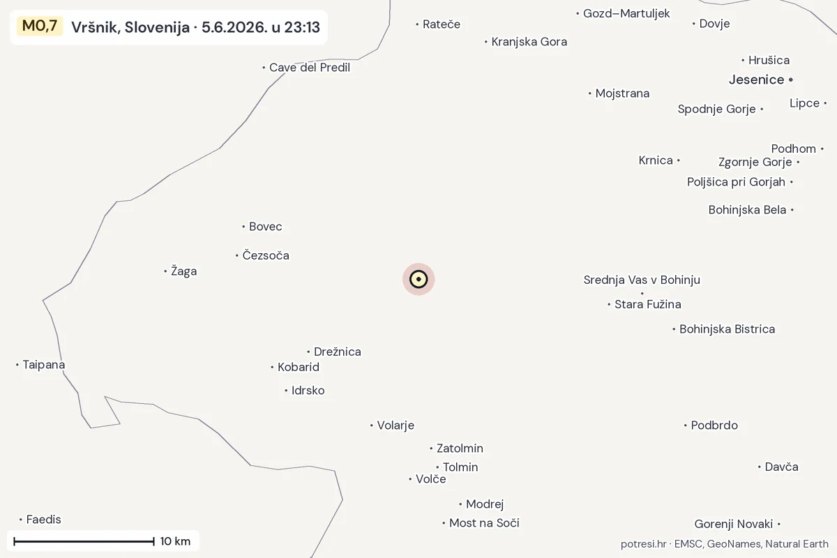 Karta: okolica epicentra, 60 km, potres M0,7, Vršnik, Slovenija, 5.6.2026.
