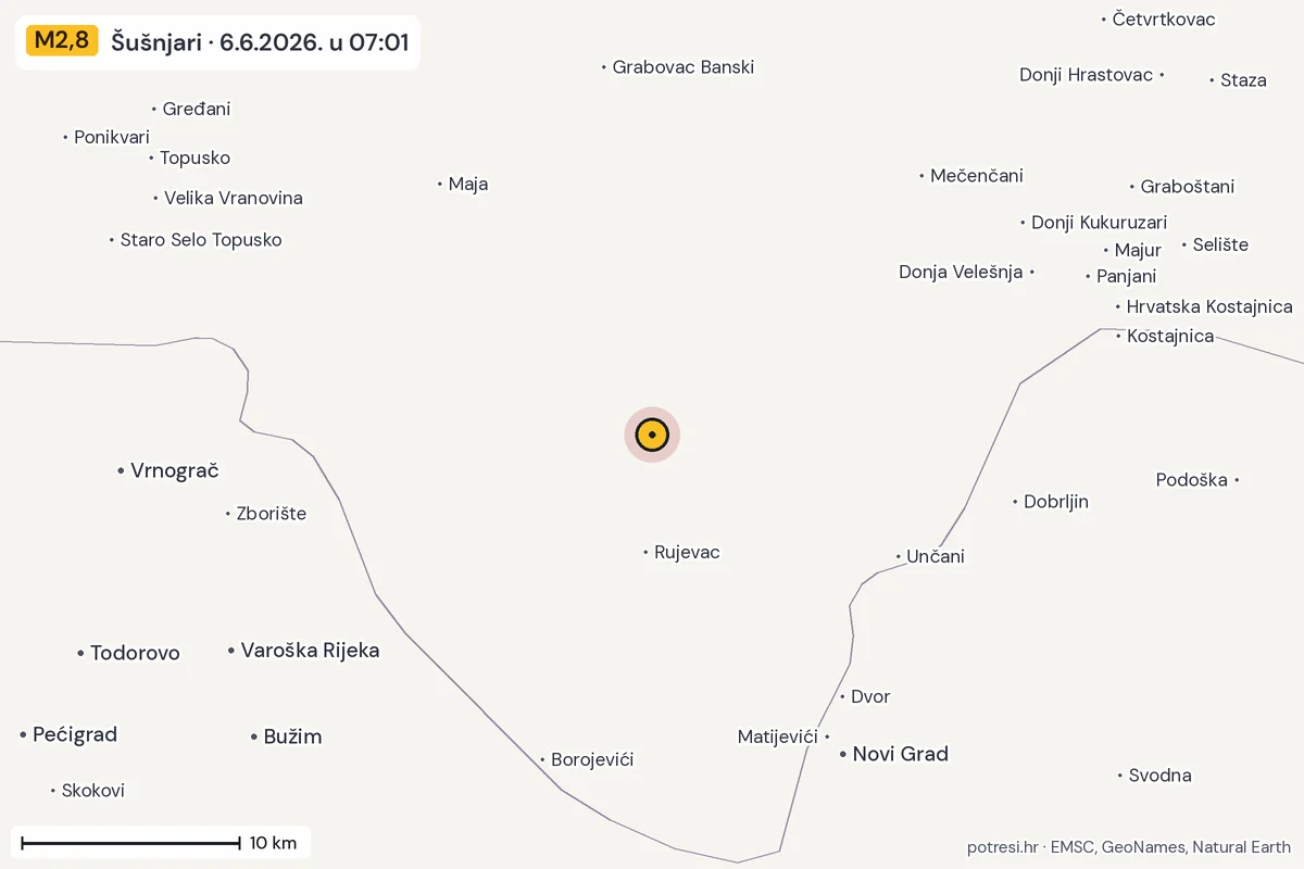 Karta: okolica epicentra, 60 km, potres M2,8, Šušnjari, 6.6.2026.