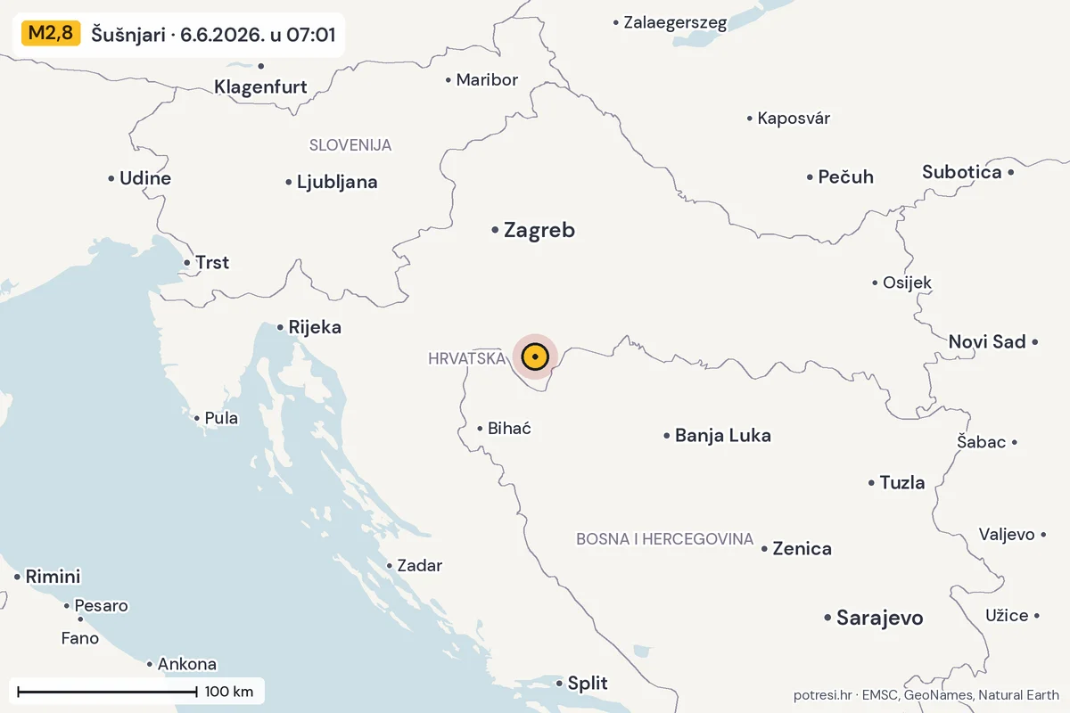 Karta: šire područje, 600 km, potres M2,8, Šušnjari, 6.6.2026.