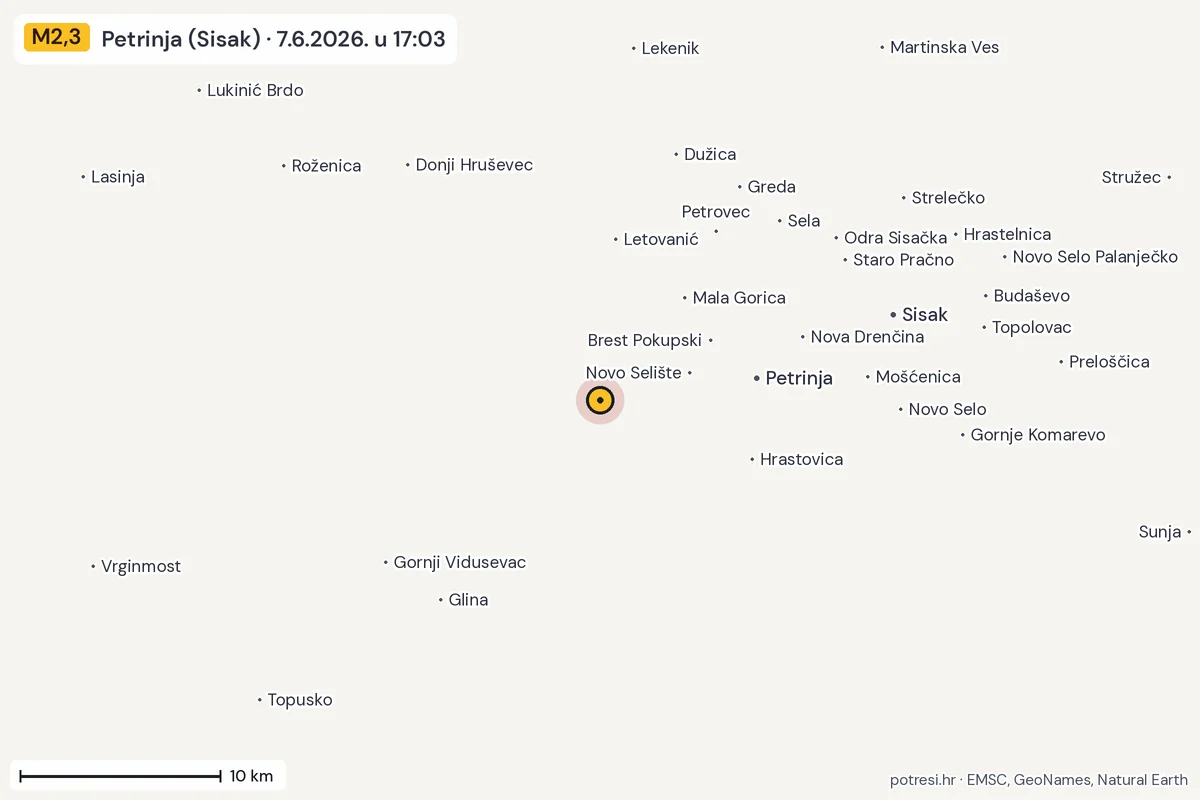 Karta: okolica epicentra, 60 km, potres M2,3, Petrinja (Sisak), 7.6.2026.