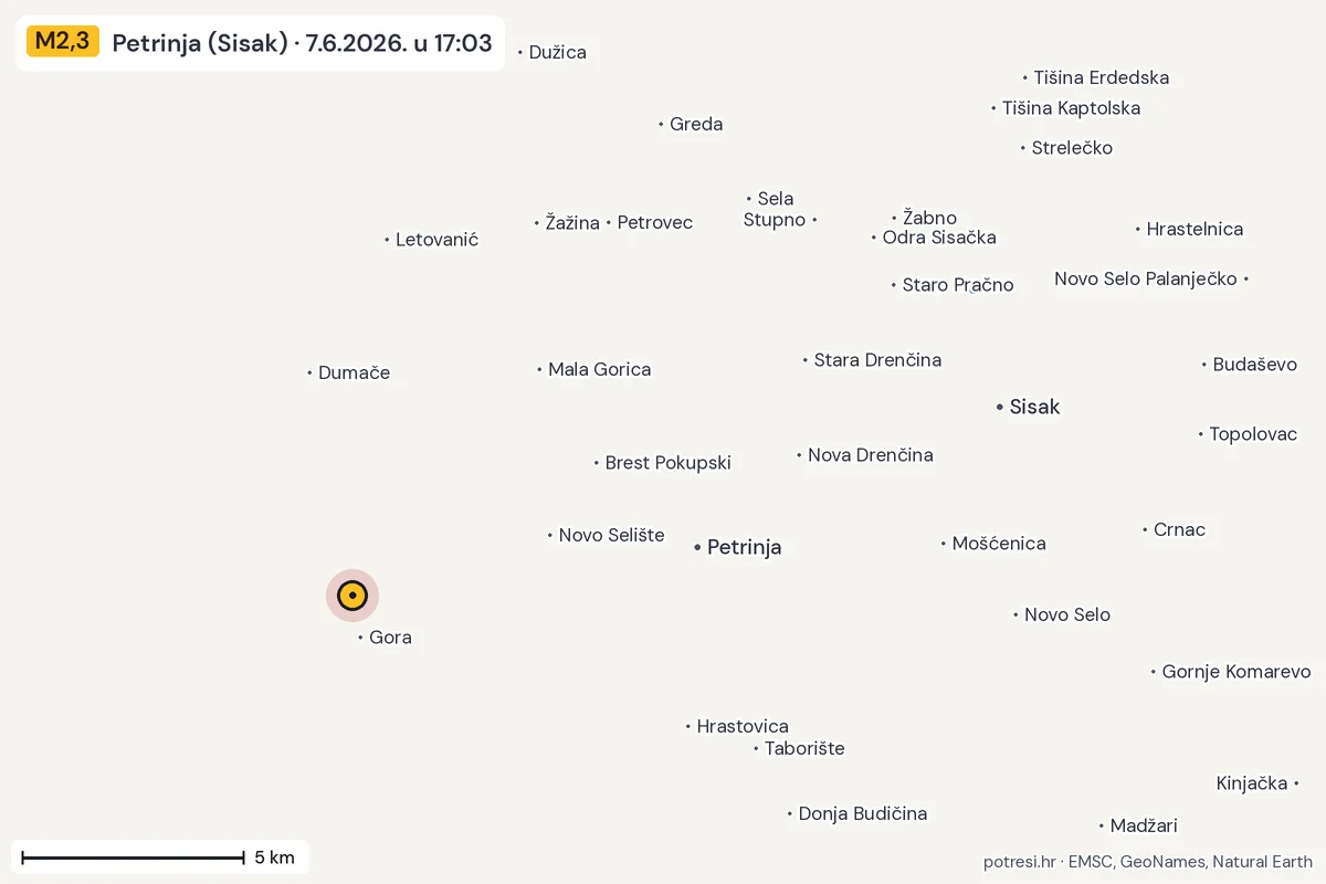 Karta: izvješća građana, potres M2,3, Petrinja (Sisak), 7.6.2026.
