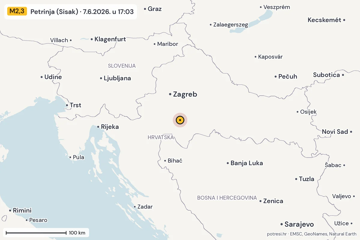 Karta: šire područje, 600 km, potres M2,3, Petrinja (Sisak), 7.6.2026.