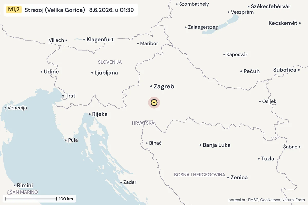 Karta: šire područje, 600 km, potres M1,2, Strezoj (Velika Gorica), 8.6.2026.