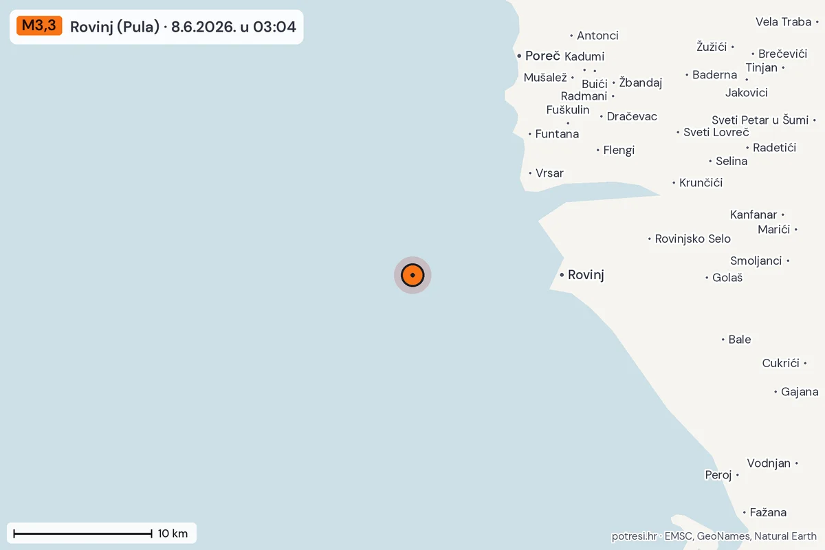 Karta: okolica epicentra, 60 km, potres M3,3, Rovinj (Pula), 8.6.2026.