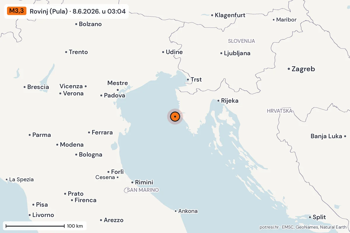 Karta: šire područje, 600 km, potres M3,3, Rovinj (Pula), 8.6.2026.