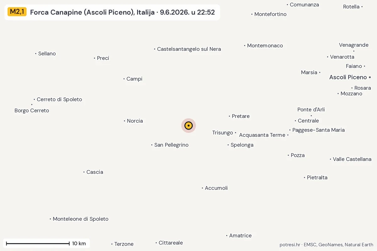 Karta: okolica epicentra, 60 km, potres M2,1, Forca Canapine (Ascoli Piceno), Italija, 9.6.2026.