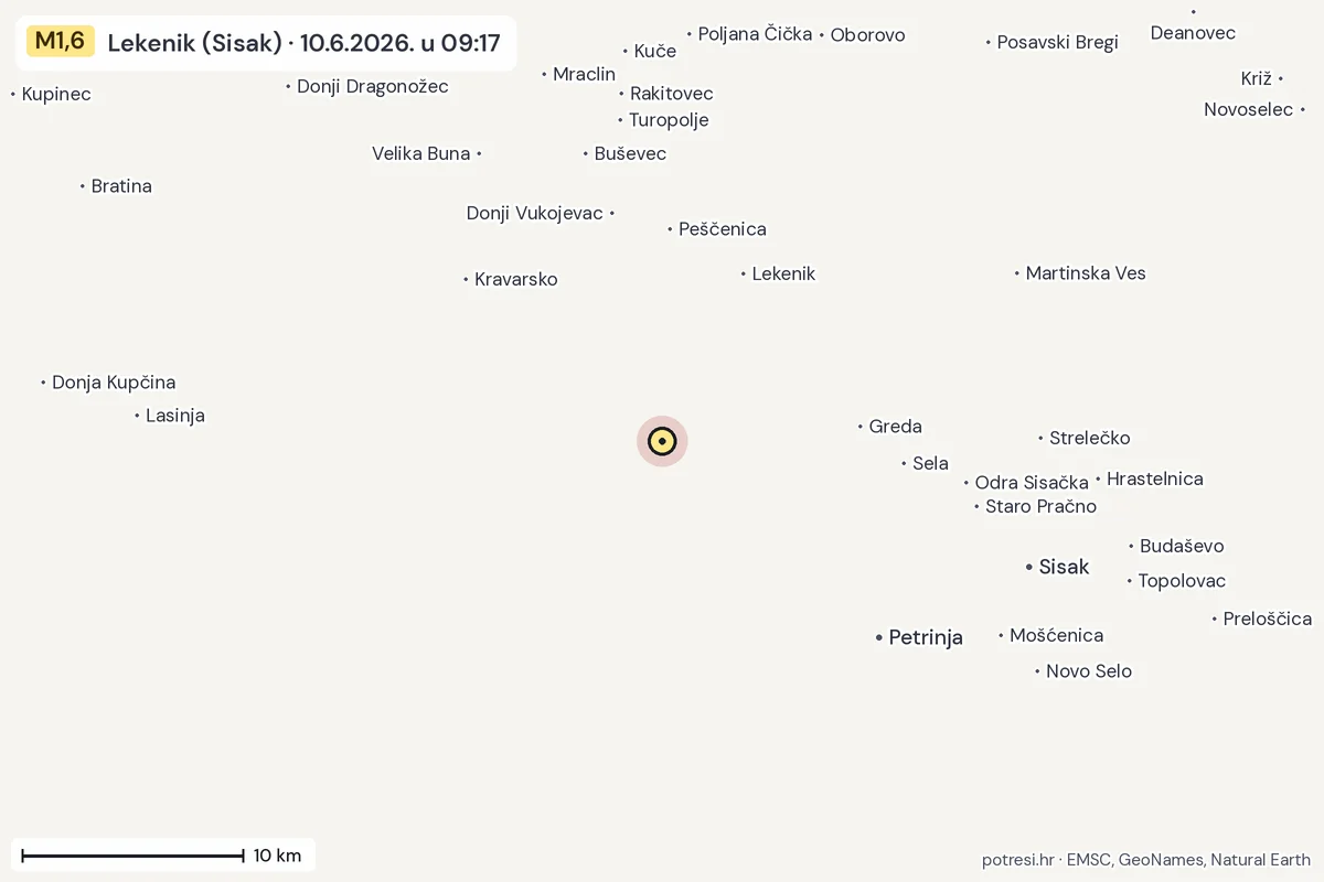 Karta: okolica epicentra, 60 km, potres M1,6, Lekenik (Sisak), 10.6.2026.