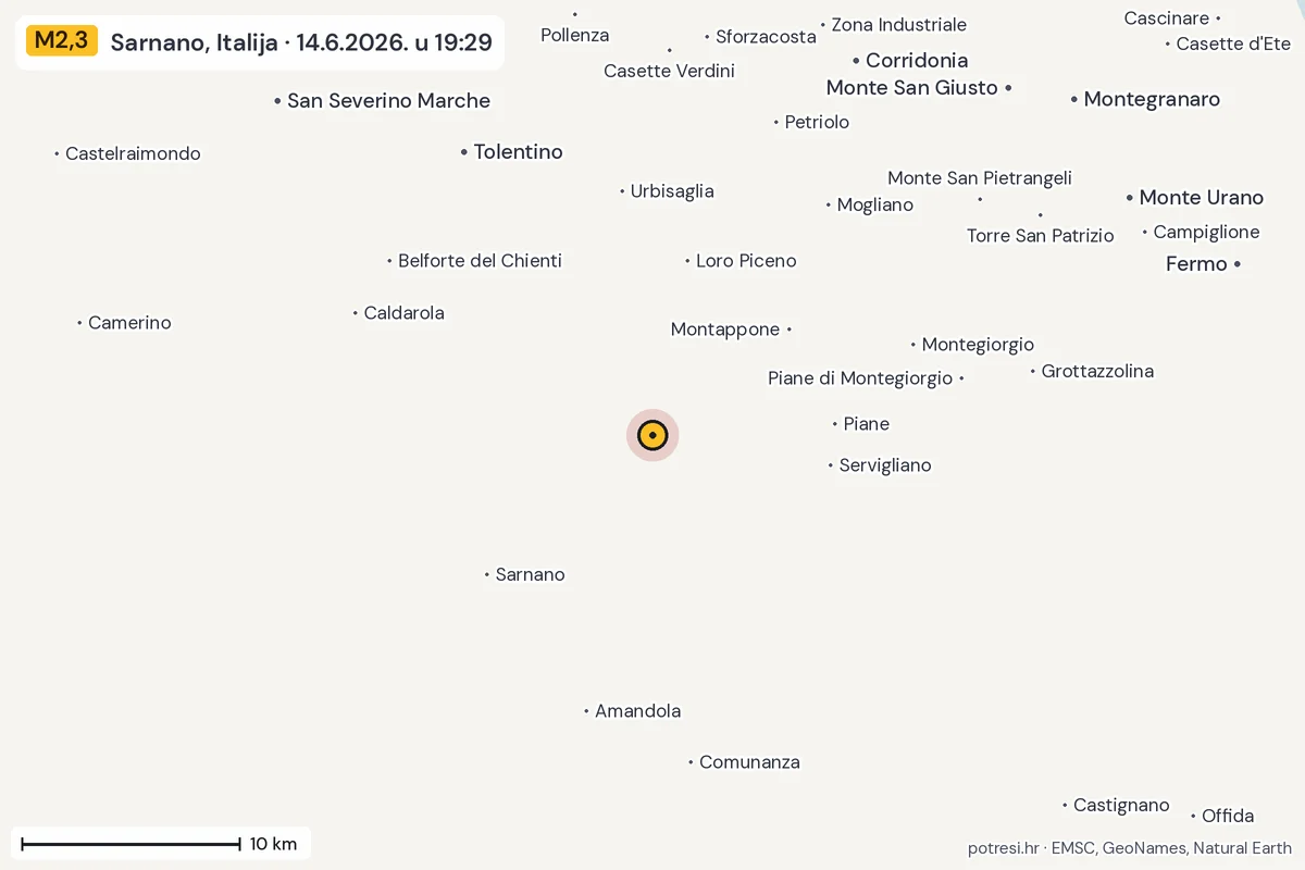 Karta: okolica epicentra, 60 km, potres M2,3, Sarnano, Italija, 14.6.2026.