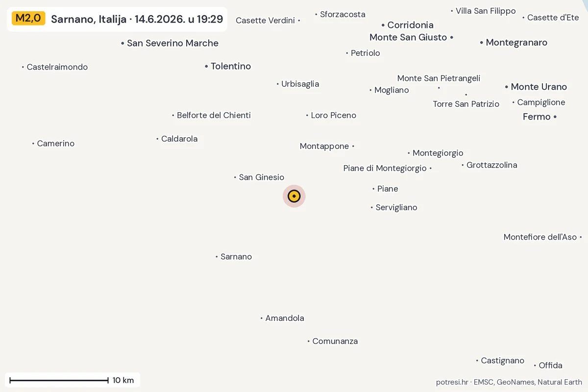 Karta: okolica epicentra, 60 km, potres M2,0, Sarnano, Italija, 14.6.2026.