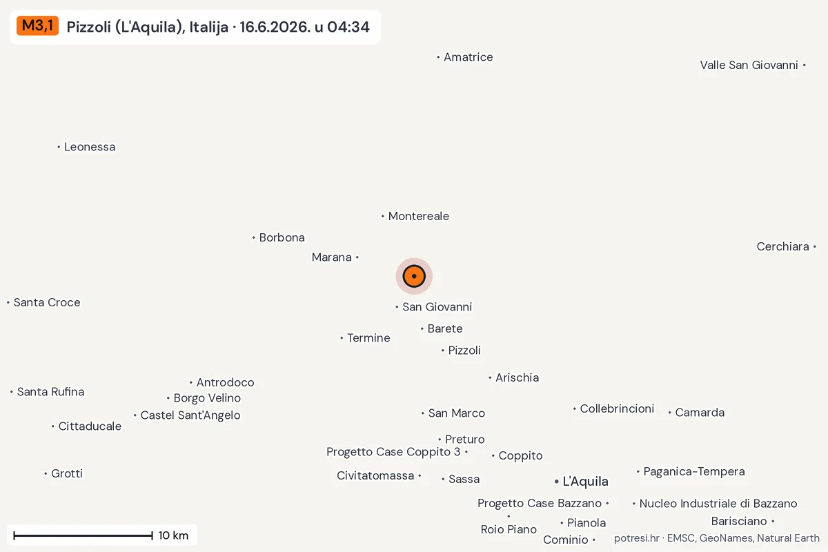Karta: okolica epicentra, 60 km, potres M3,1, Pizzoli (L'Aquila), Italija, 16.6.2026.