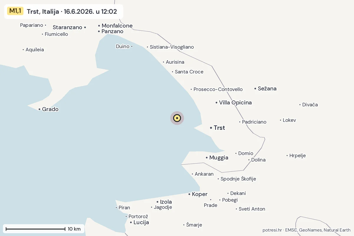 Karta: okolica epicentra, 60 km, potres M1,1, Trst, Italija, 16.6.2026.