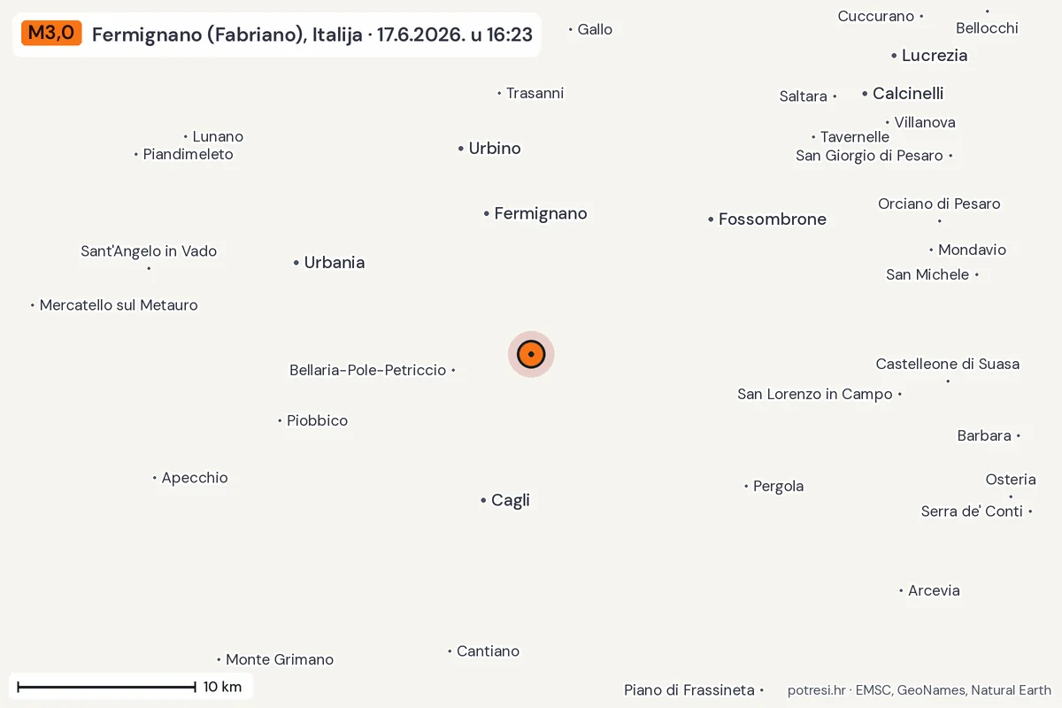 Karta: okolica epicentra, 60 km, potres M3,0, Fermignano (Fabriano), Italija, 17.6.2026.