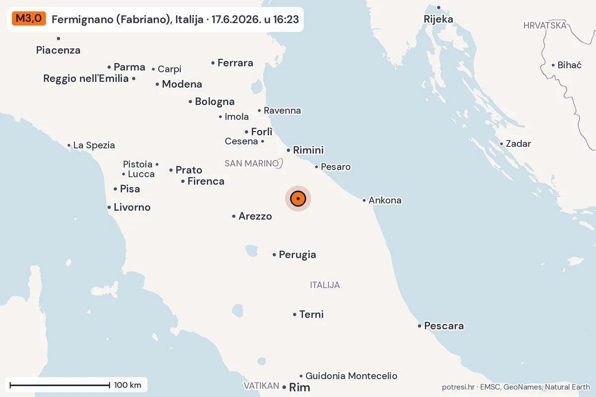 Karta: šire područje, 600 km, potres M3,0, Fermignano (Fabriano), Italija, 17.6.2026.