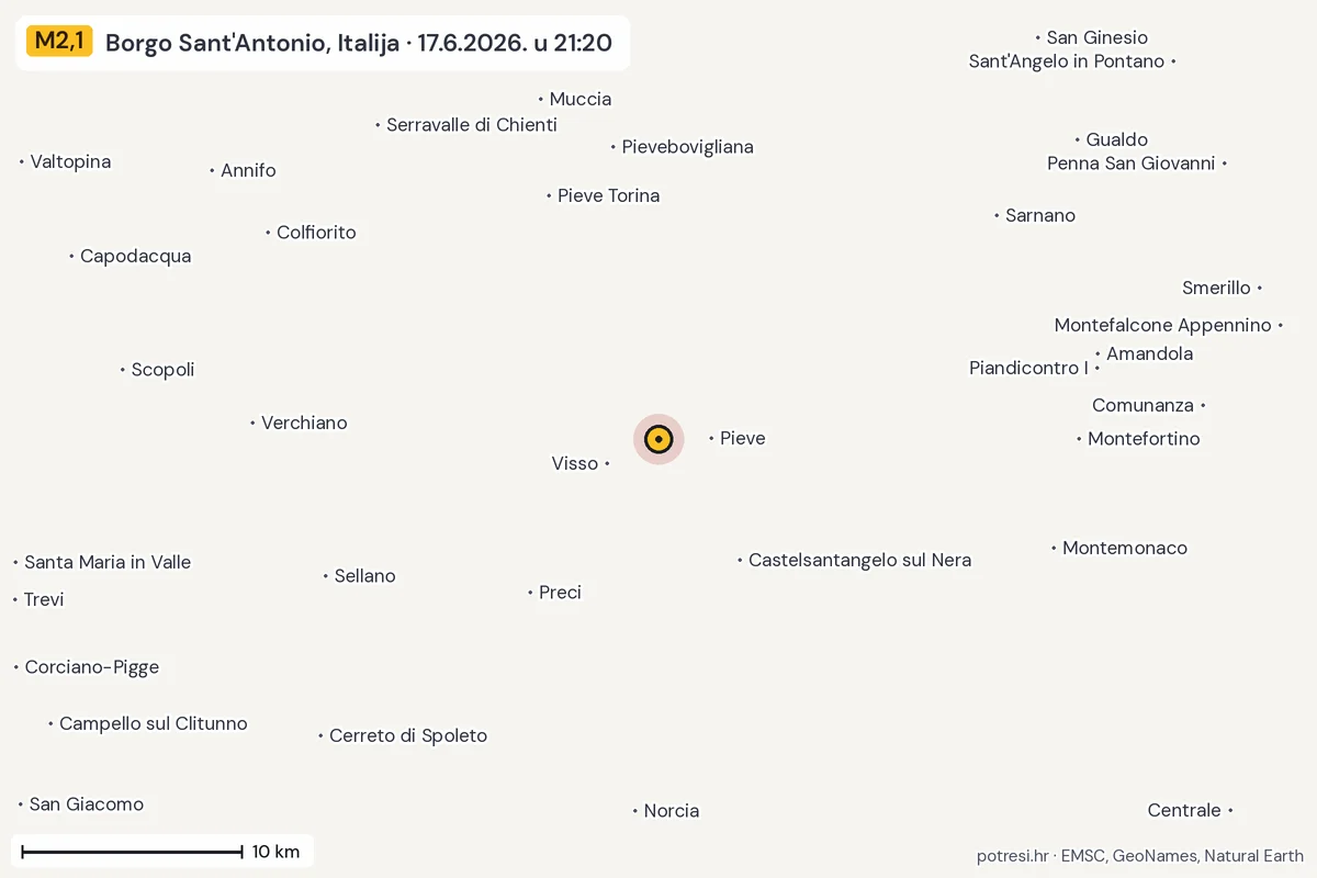 Karta: okolica epicentra, 60 km, potres M2,1, Borgo Sant'Antonio, Italija, 17.6.2026.