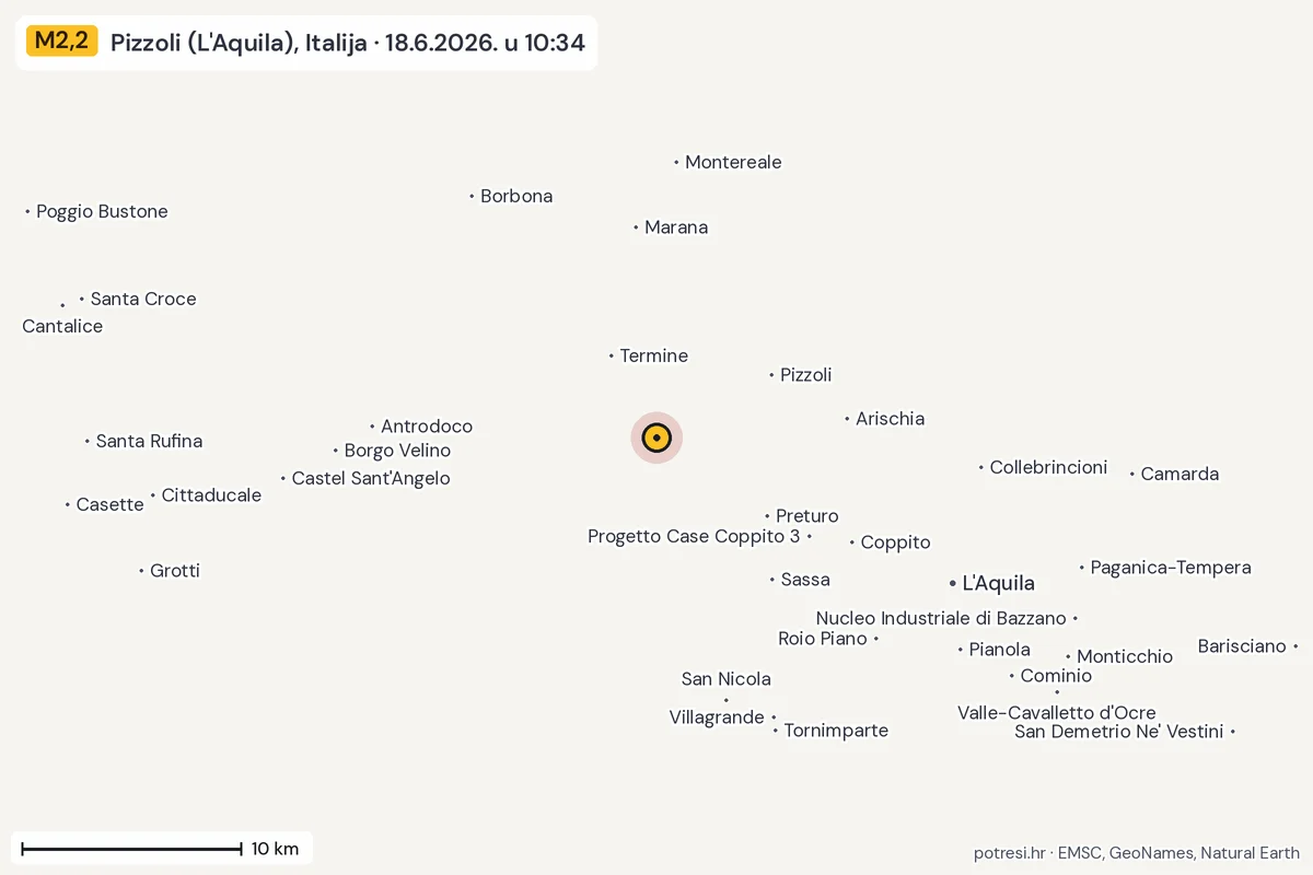 Karta: okolica epicentra, 60 km, potres M2,2, Pizzoli (L'Aquila), Italija, 18.6.2026.