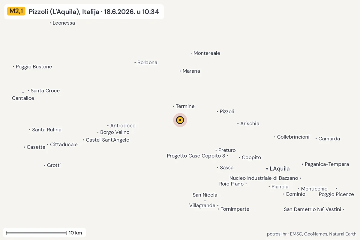 Karta: okolica epicentra, 60 km, potres M2,1, Pizzoli (L'Aquila), Italija, 18.6.2026.