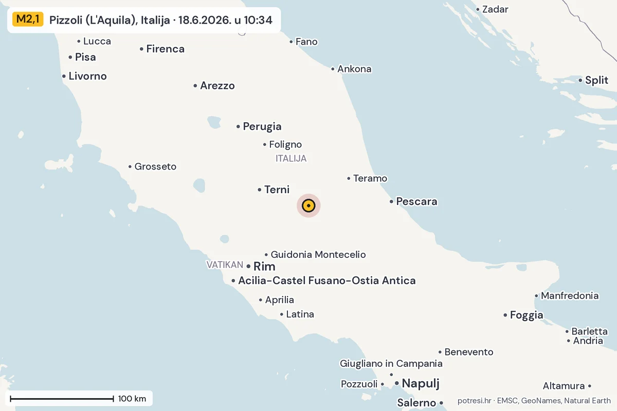 Karta: šire područje, 600 km, potres M2,1, Pizzoli (L'Aquila), Italija, 18.6.2026.