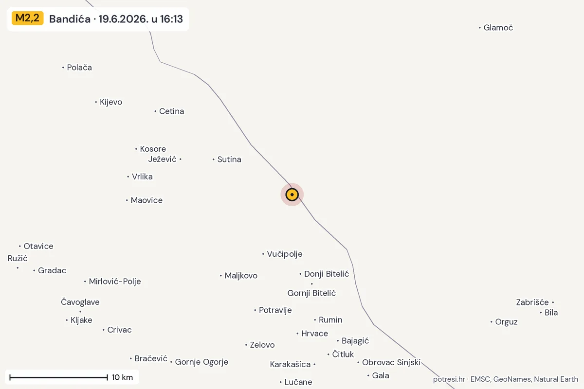Karta: okolica epicentra, 60 km, potres M2,2, Bandića, 19.6.2026.