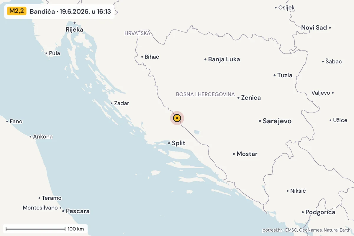 Karta: šire područje, 600 km, potres M2,2, Bandića, 19.6.2026.