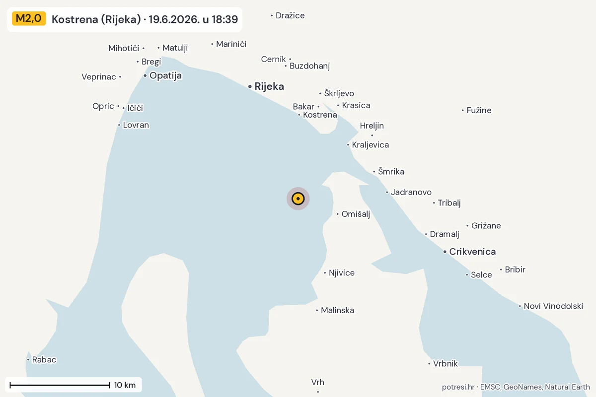 Karta: okolica epicentra, 60 km, potres M2,0, Kostrena (Rijeka), 19.6.2026.