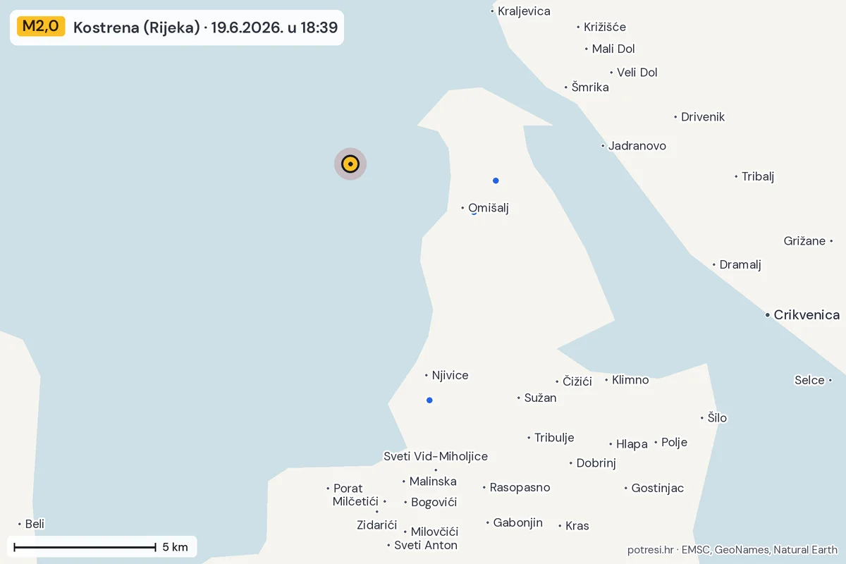 Karta: izvješća građana, potres M2,0, Kostrena (Rijeka), 19.6.2026.