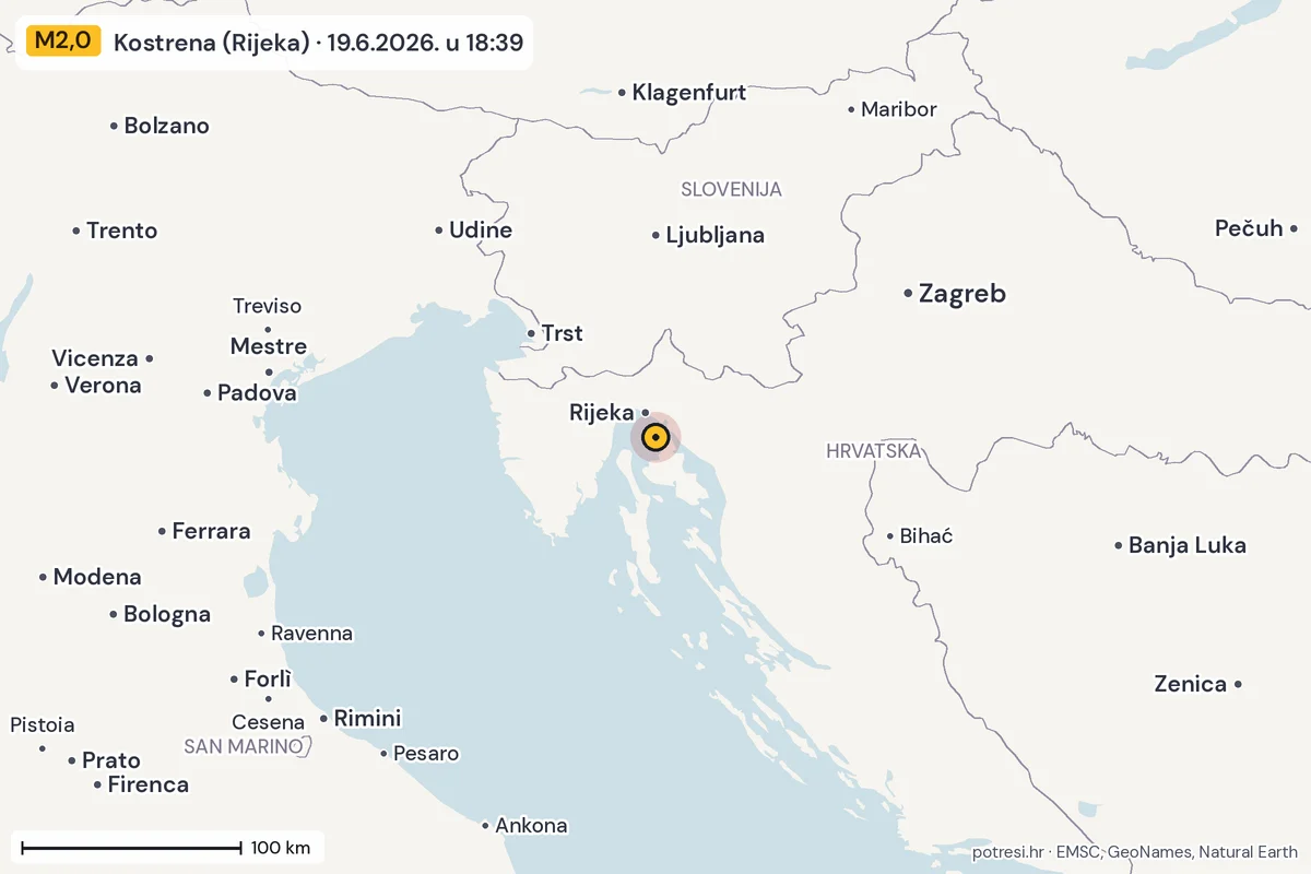 Karta: šire područje, 600 km, potres M2,0, Kostrena (Rijeka), 19.6.2026.