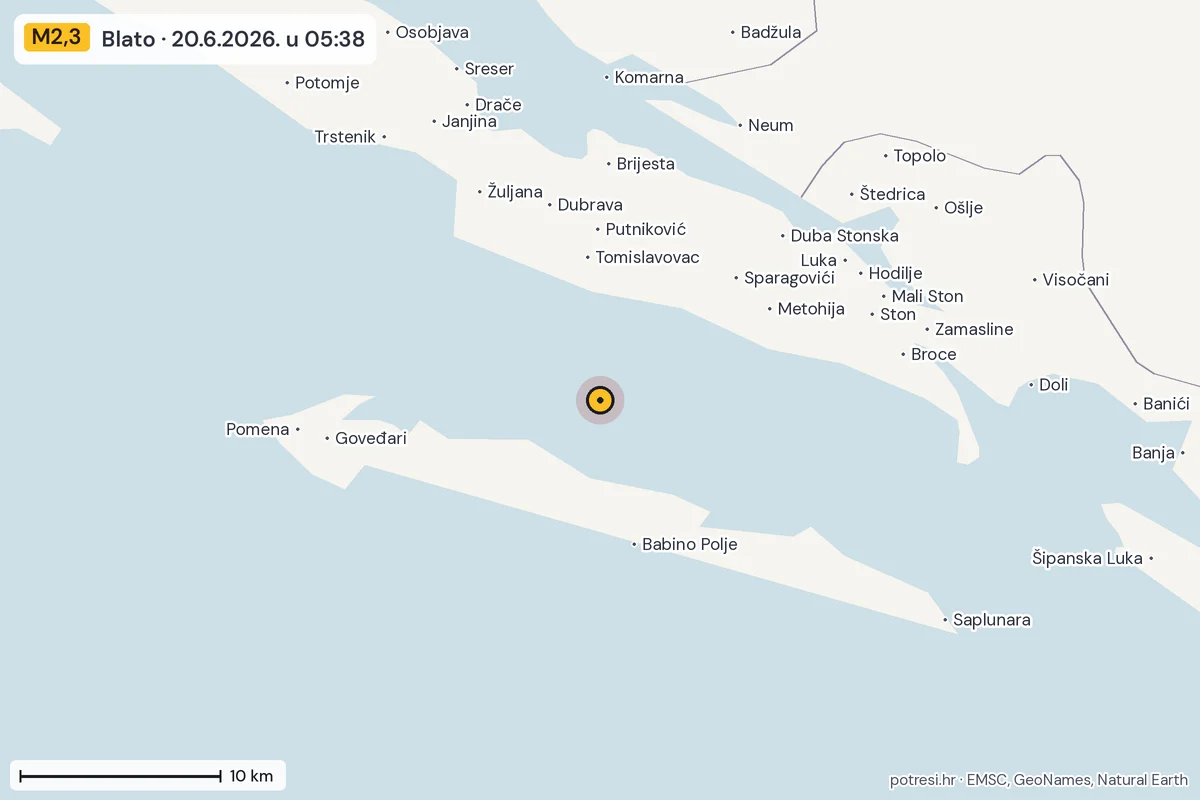 Karta: okolica epicentra, 60 km, potres M2,3, Blato, 20.6.2026.