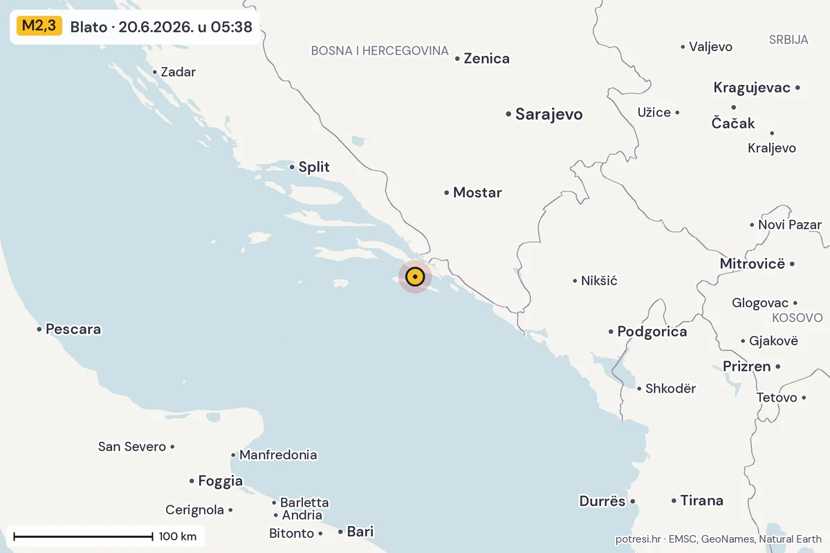 Karta: šire područje, 600 km, potres M2,3, Blato, 20.6.2026.