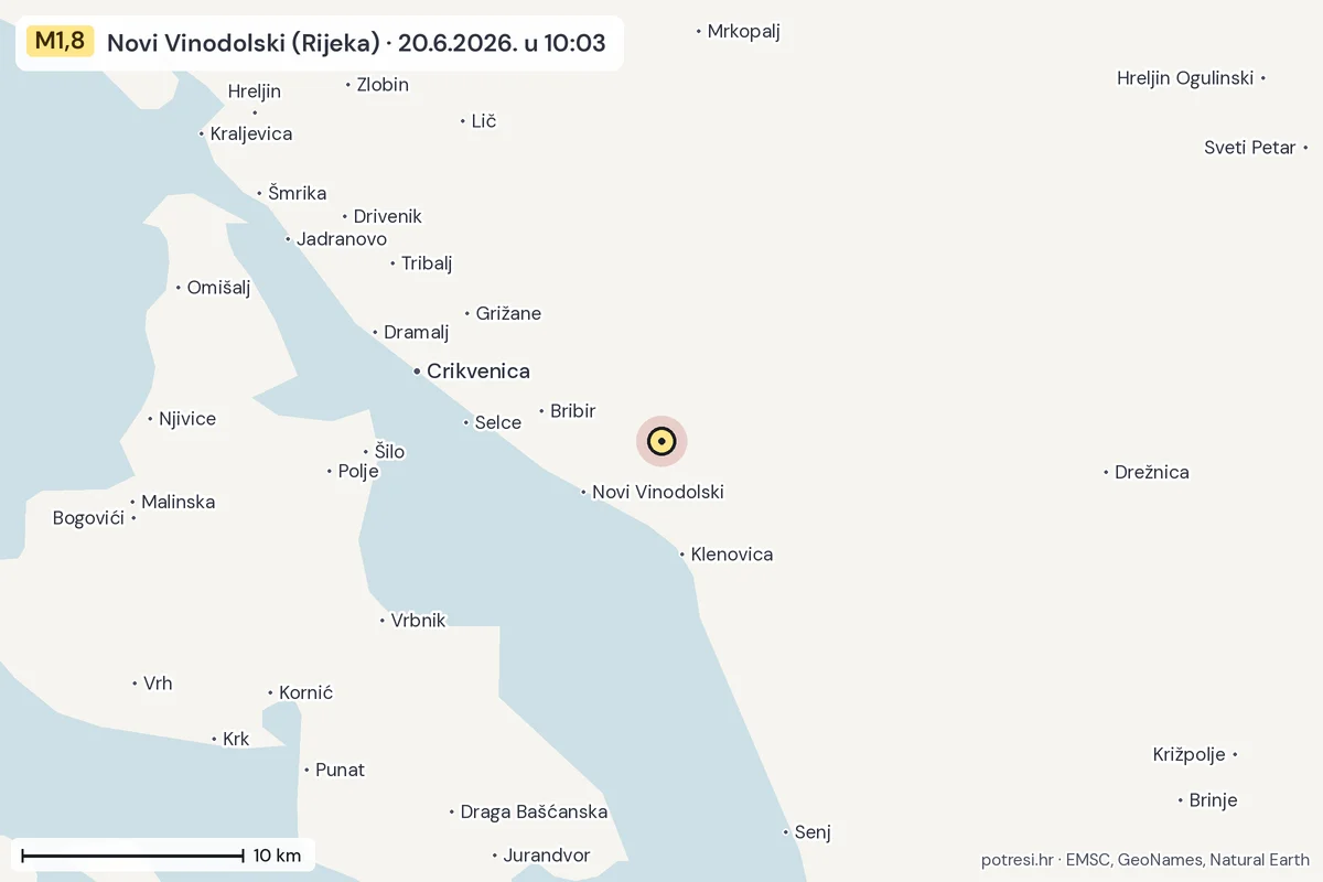 Karta: okolica epicentra, 60 km, potres M1,8, Novi Vinodolski (Rijeka), 20.6.2026.